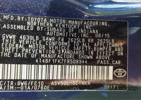 2015 Toyota Camry Le z USA, uszkodzony, nr VIN 4T4BF1FK7FR508944